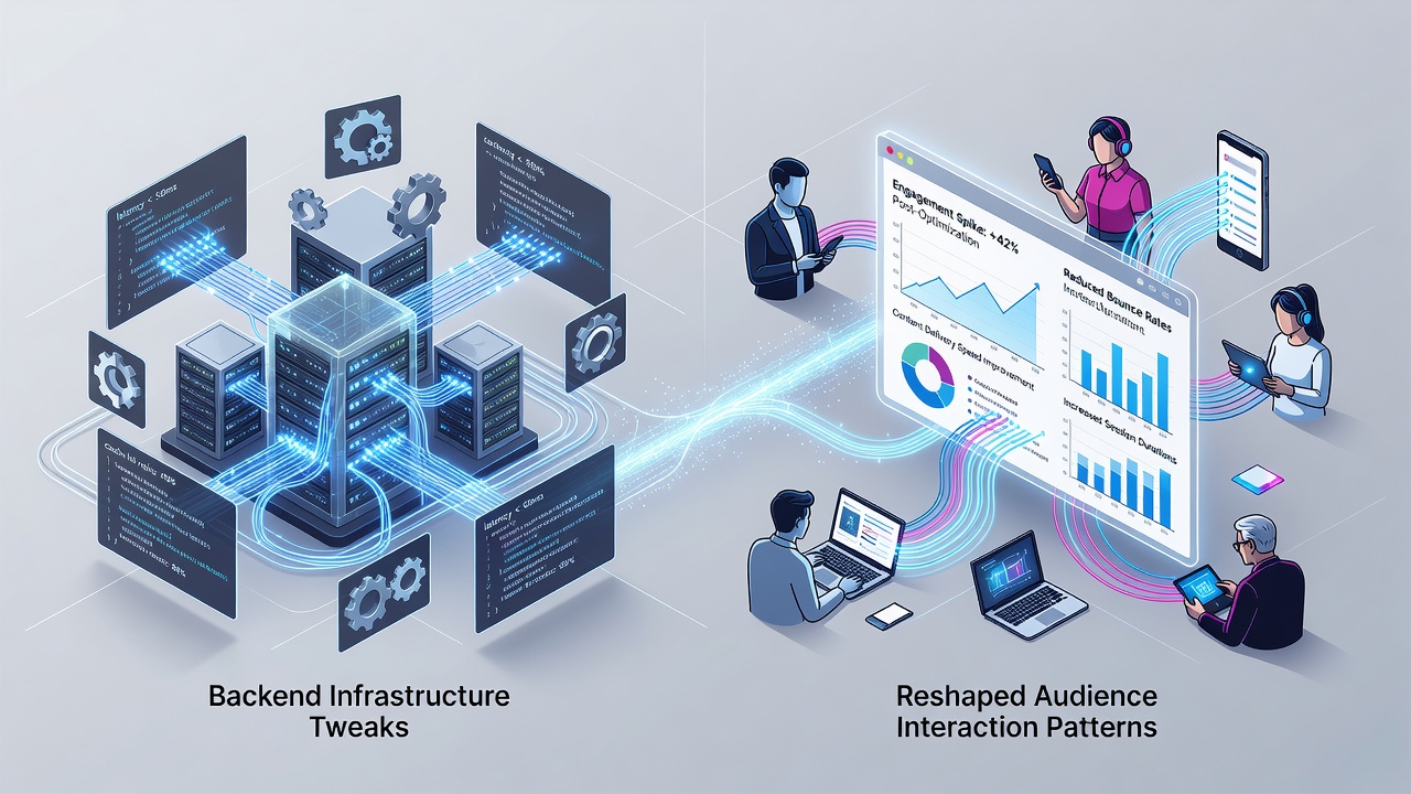 Visualization of user engagement metrics overlaid on backend performance graphs showing response time reductions and session length increases