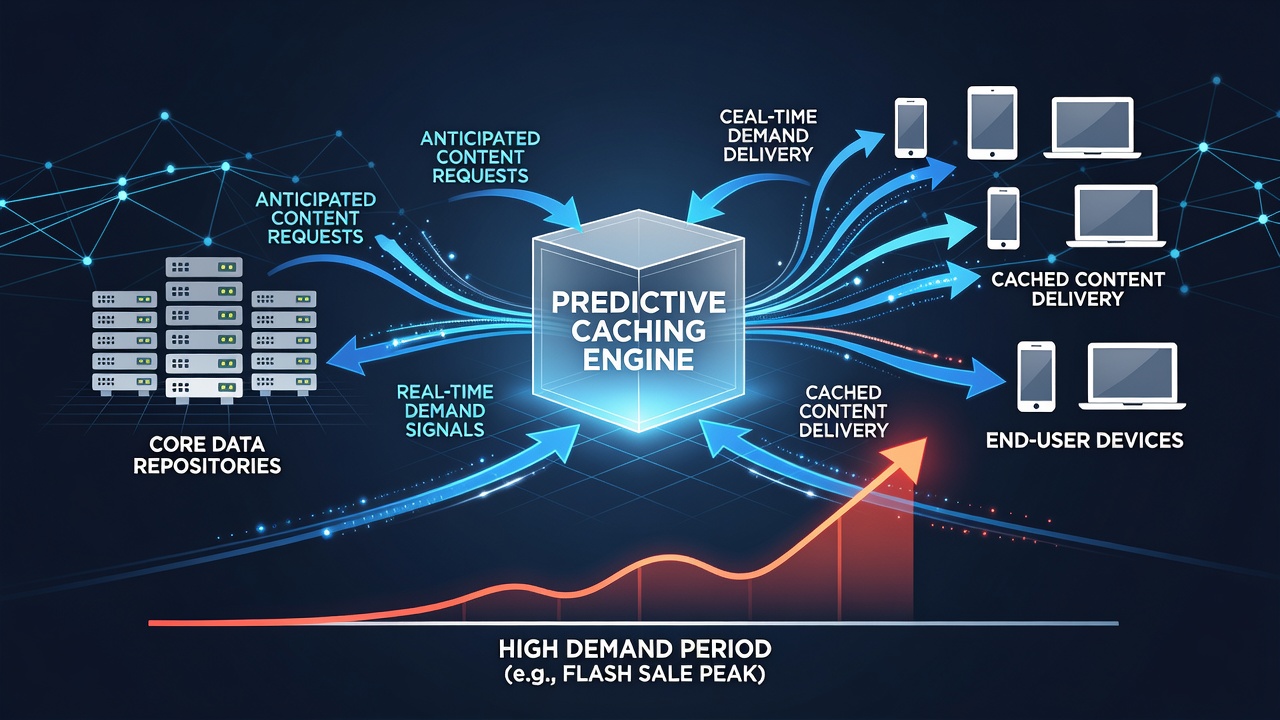 Cloud dashboard screenshot illustrating cache hit rates and predictive model outputs under sustained high load