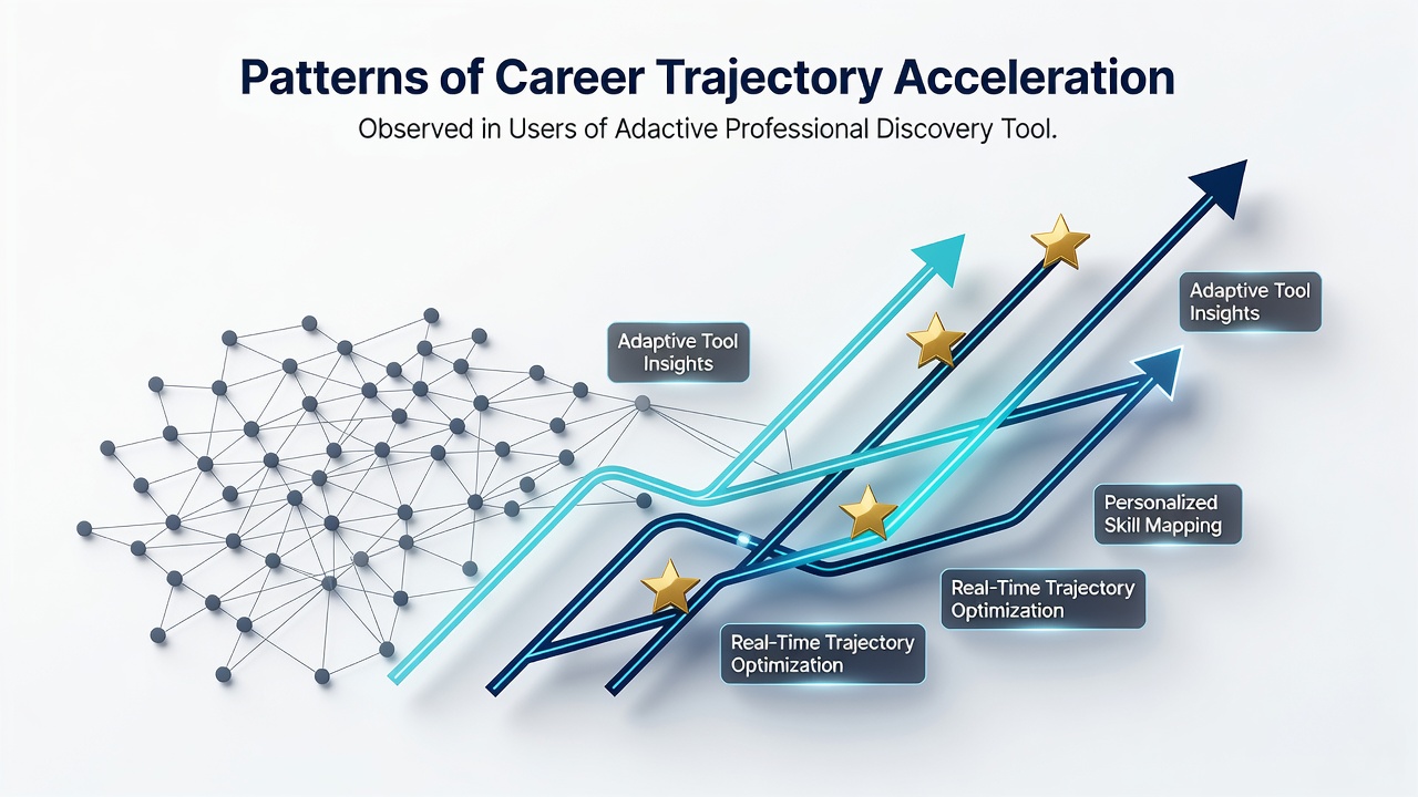 Charts and graphs depicting connection velocity metrics correlated with career acceleration in adaptive discovery platforms
